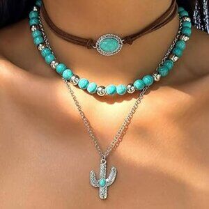 Boho Turquoise Beaded Layered Necklace Cactus Pendant Western Rodeo Elegant